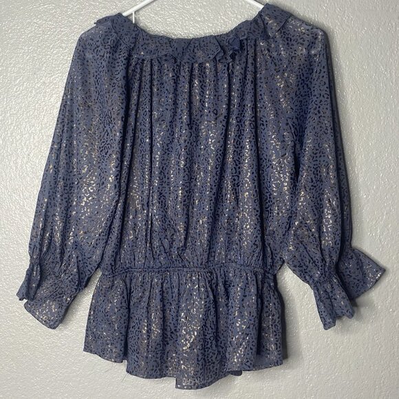 Entro Top Ladies Blue w/ Metallic Gold Leopard 3/4 Sleeves Ruffled V Neck - Picture 2 of 13